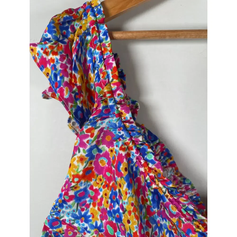 For Love & Lemons Sasha Floral Cropped Top In Blue Multi Size L Tie Front Flirty - Picture 3 of 10